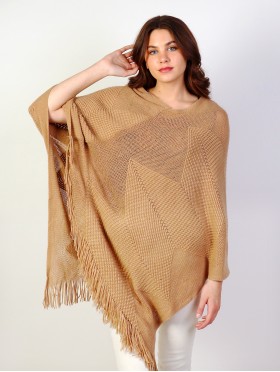 Solid Subtle Panels Poncho W/ Fringe